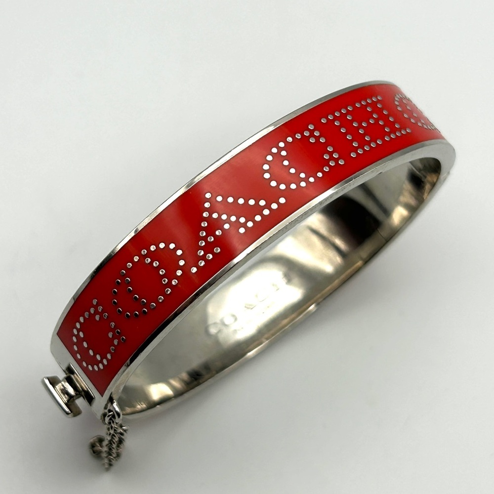 Vintage Coach Red Enamel Logo Bangle Bracelet – Hinged with Safety Chain 7” - Picture 6 of 13